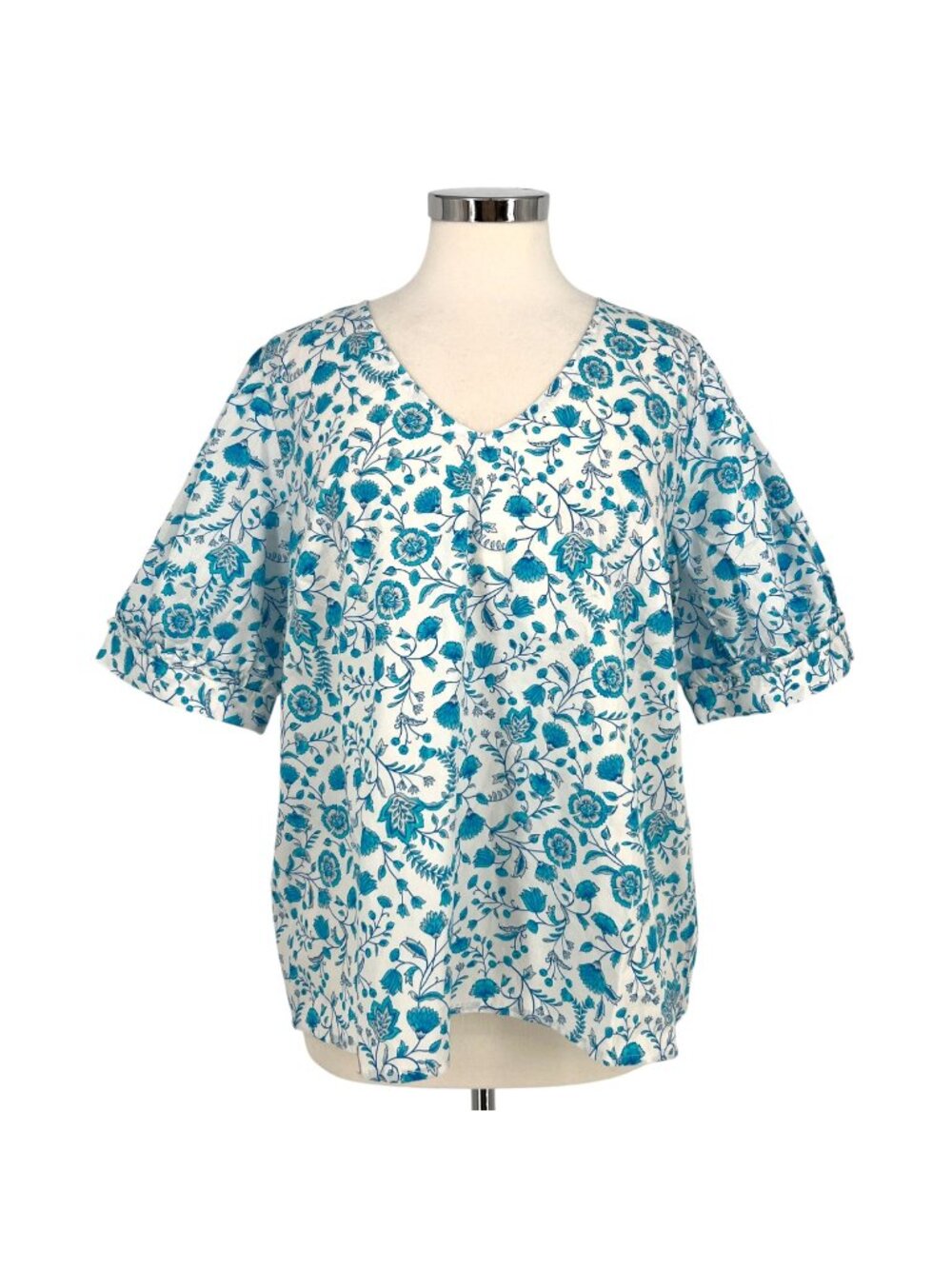 Draper James V-Neck Puff Sleeve Top Blue Paisley Floral Size XL NWT